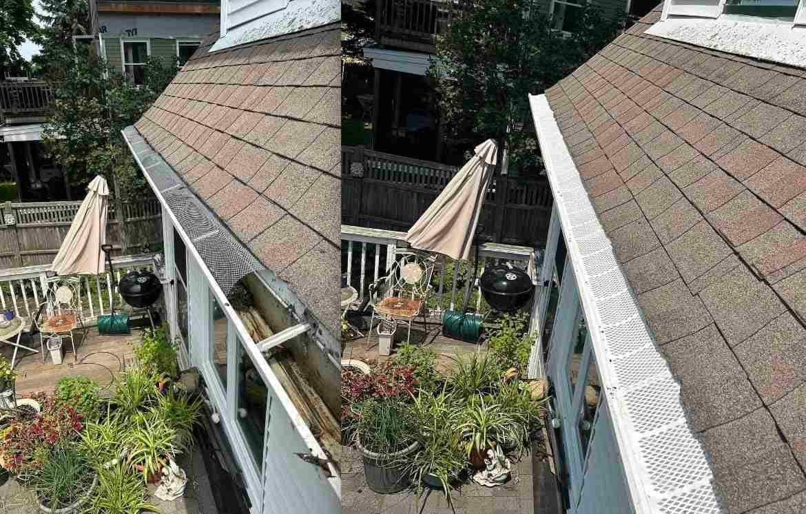 Before and after gutter guard installation over a patio
